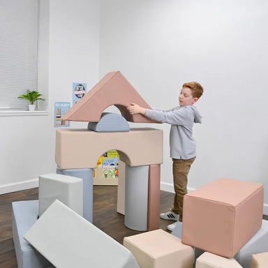 Children's Factory module blocks, 21 pieces side view with participant. 