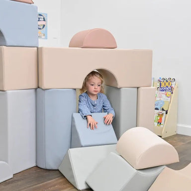 Children's Factory module blocks, set of 35 front view with participant.